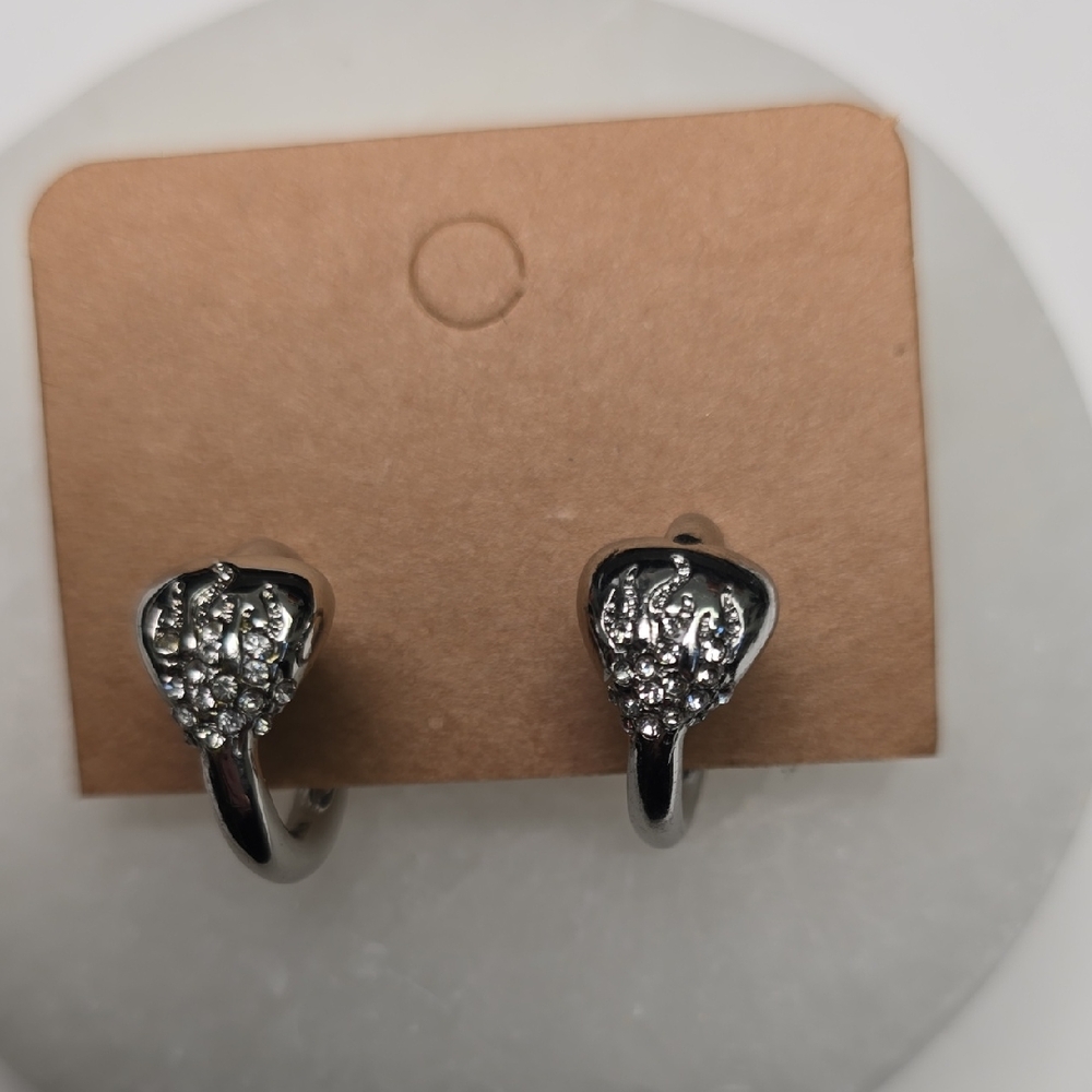Silver Crystal Accent Heart Hoop Earrings